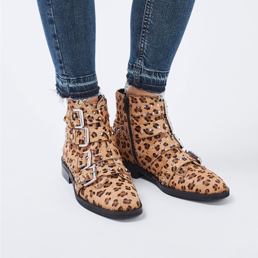 Topshop Amelia Studded Leopard Print Leather Boots Size 41 Size 10.5